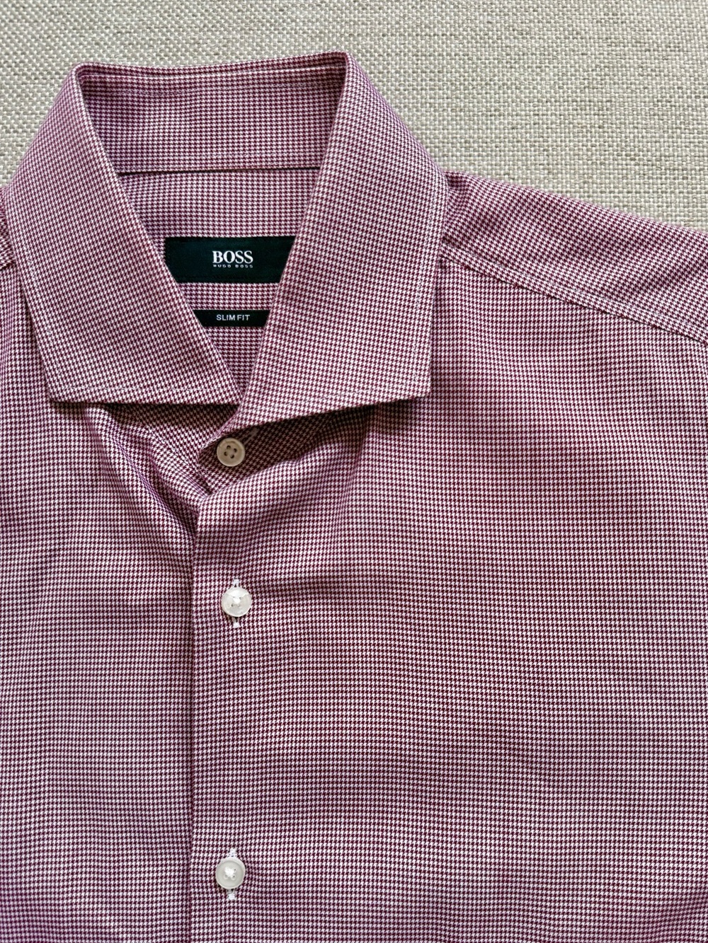 BOSS "Jason" Slim Fit Dress Shirt in Burgundy Micro-Houndstooth